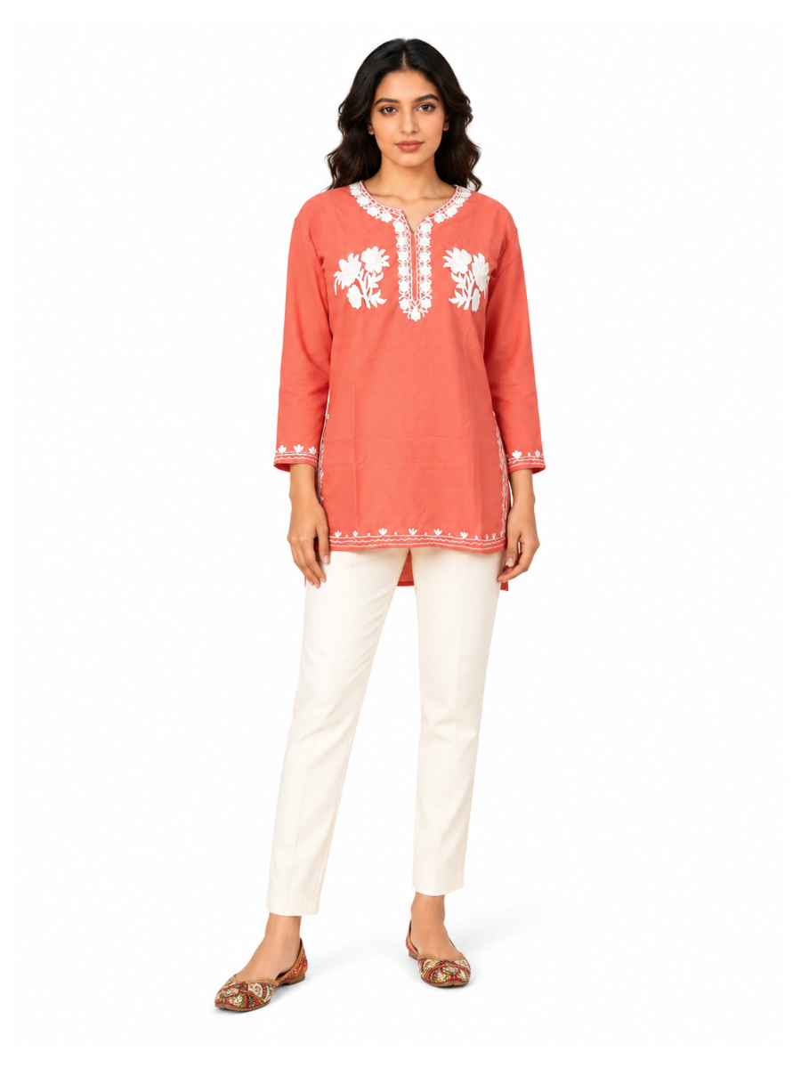 Noor : Aari embroidery summer kurti | Rose Pink